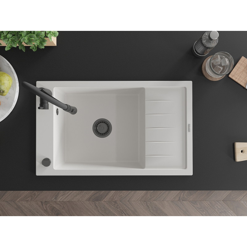 Mexen Elias granit gootsteen 1-komorige met afdruiprek en keukenmengkraan Aster, wit - 6511-20-73450-70-B
