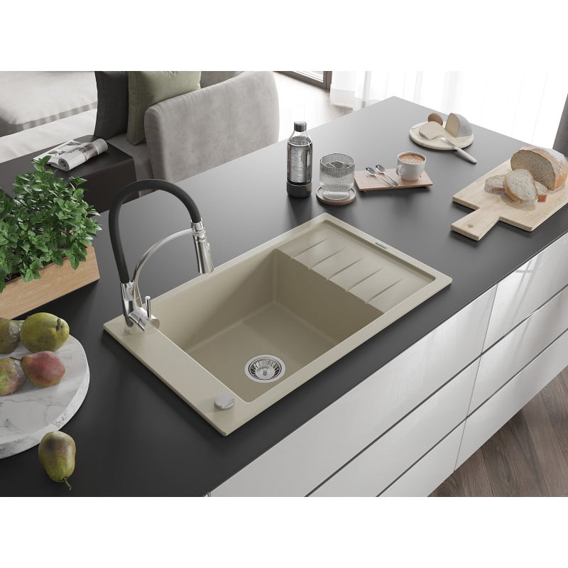 Mexen Elias fregadero de granito de 1 cuenco con escurridor y grifo de cocina Aster, beige - 6511-69-73450-07