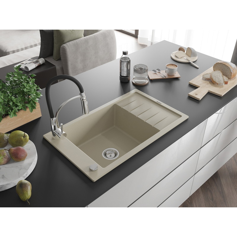 Mexen Elias fregadero de granito de 1 seno con escurridor y grifo de cocina Aster, beige - 6511-69-73450-07