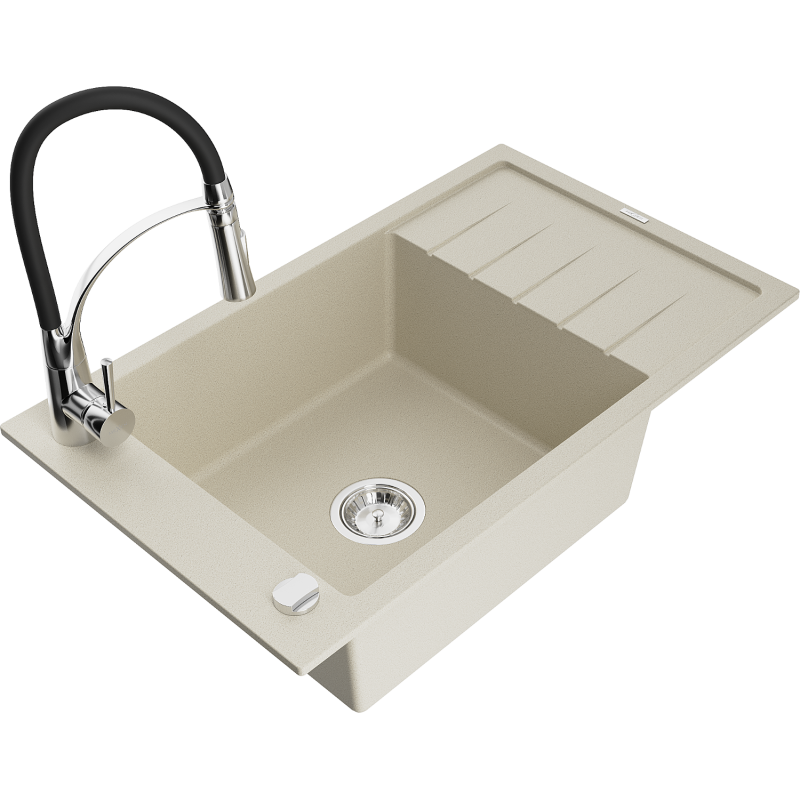 Mexen Elias Granitspüle 1-Becken mit Abtropffläche und Küchenarmatur Aster, beige - 6511-69-73450-07