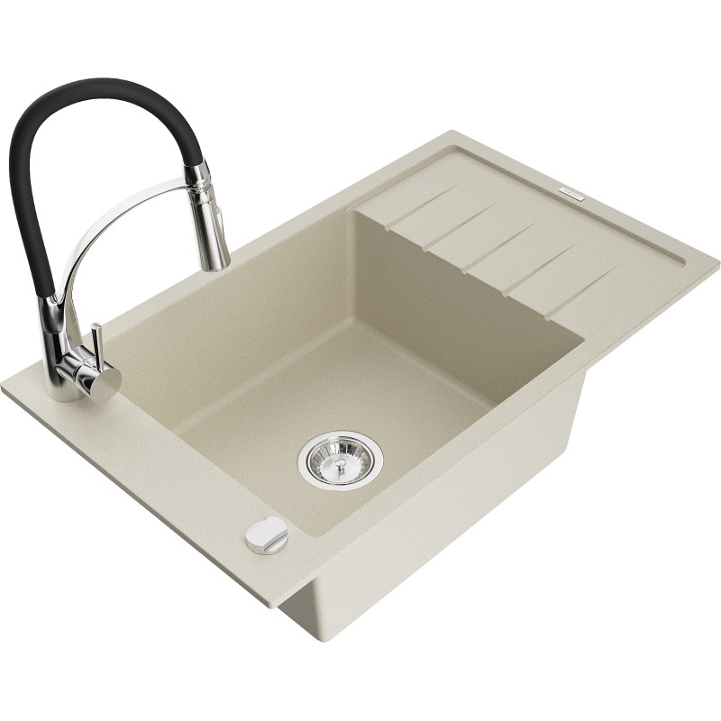 Mexen Elias lavello in granito a 1 vasca con sgocciolatoio e rubinetto da cucina Aster, beige - 6511-69-73450-07