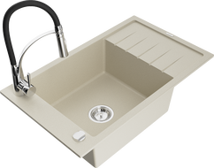 Mexen Elias 1-bowl granite sink with drainer and kitchen faucet Aster, beige - 6511-69-73450-07
