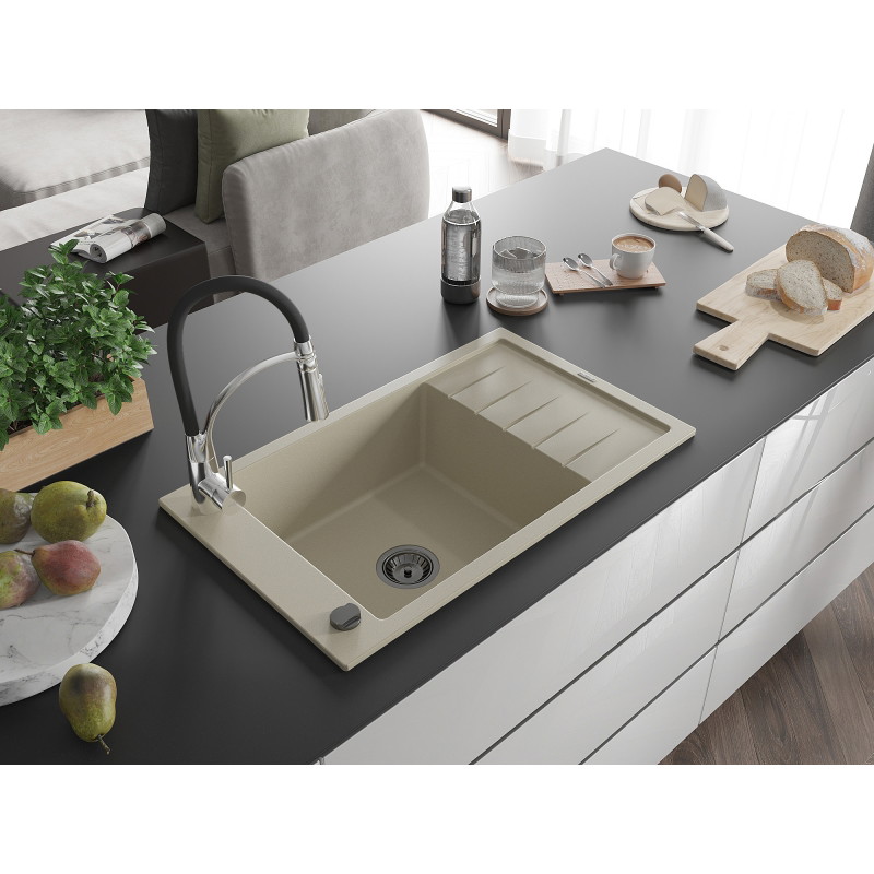 Mexen Elias granitische 1-kommer gootsteen met afdruiprek en keukenmengkraan Aster, beige - 6511-69-73450-07-B