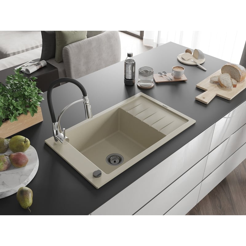 Mexen Elias granitische gootsteen 1-kompartement met afdruiprek en keukenkraan Aster, beige - 6511-69-73450-07-B