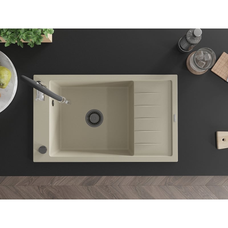 Mexen Elias granitische gootsteen 1-kompartement met afdruiprek en keukenkraan Aster, beige - 6511-69-73450-07-B
