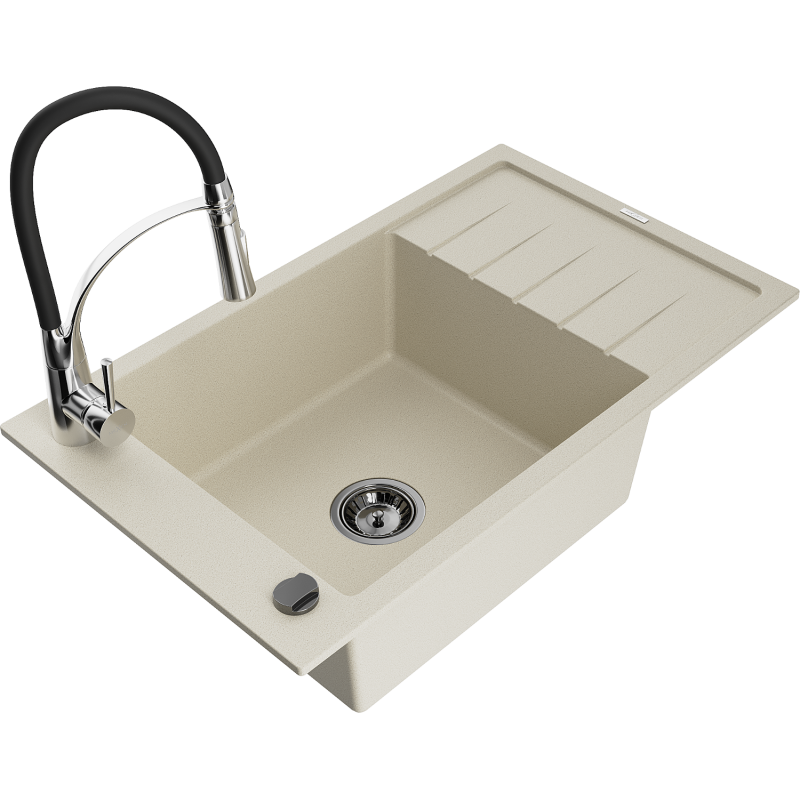 Mexen Elias fregadero de granito de 1 seno con escurridor y grifo de cocina Aster, beige - 6511-69-73450-07-B