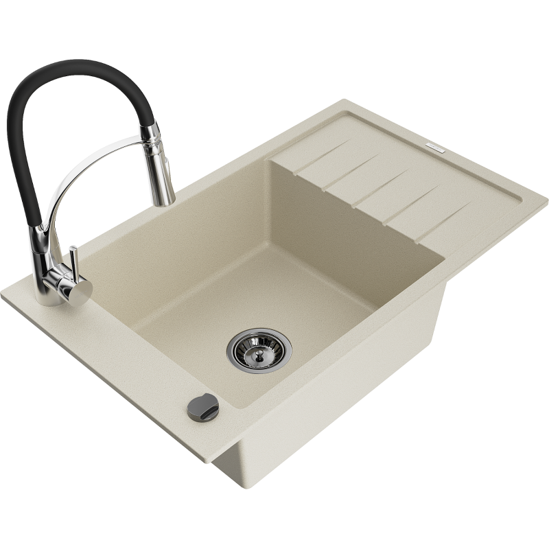 Mexen Elias granieten spoelbak met 1 bak en afdruiprek en keukenkraan Aster, beige - 6511-69-73450-07-B