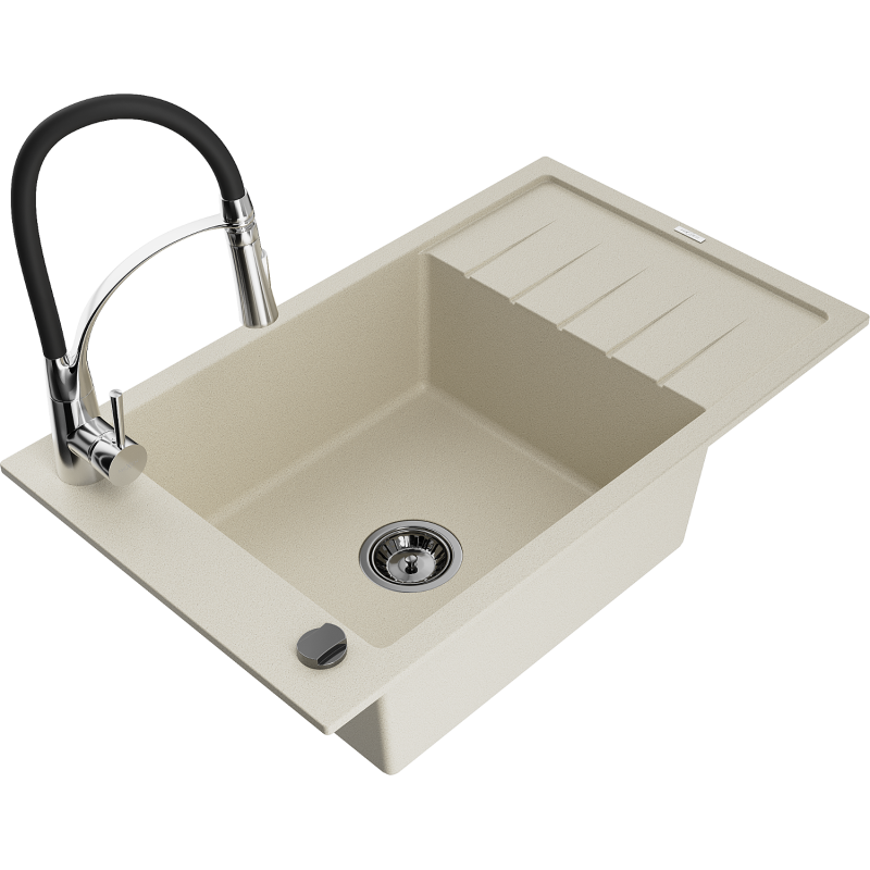 Mexen Elias granite sink with one bowl, drainer, and Aster kitchen tap, beige - 6511-69-73450-07-B