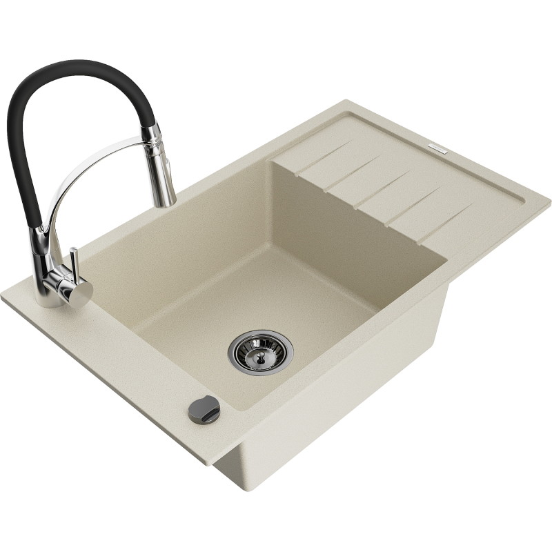 Mexen Elias Granitspüle 1-beckig mit Abtropffläche und Küchenarmatur Aster, beige - 6511-69-73450-07-B