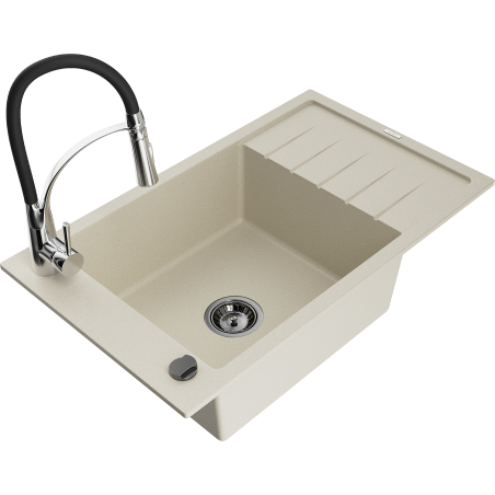 Mexen Elias 1-bowl granite sink with drainer and Aster kitchen faucet, beige - 6511-69-73450-07-B