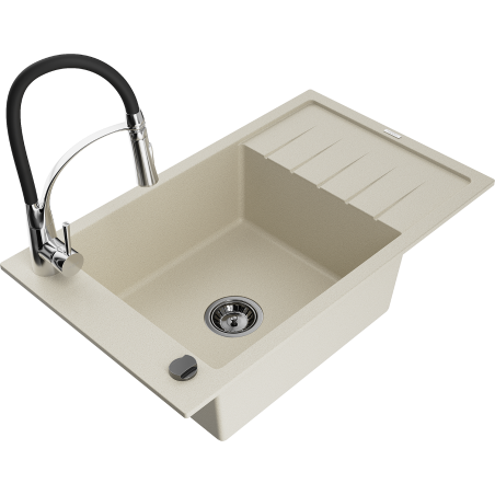 Mexen Elias granieten spoelbak met 1 bak en afdruiprek en keukenkraan Aster, beige - 6511-69-73450-07-B