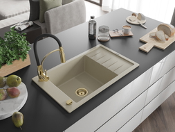 Mexen Elias 1-bowl granite sink with drainer and kitchen faucet Aster, beige - 6511-69-73450-57-G