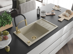Mexen Elias Granitspüle 1-Becken mit Abtropffläche und Küchenarmatur Aster, beige - 6511-69-73450-57-G