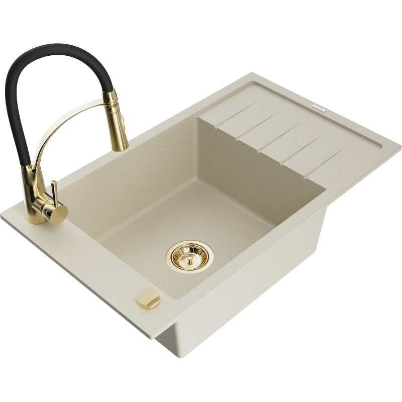 Mexen Elias 1-bowl granite sink with drainer and Aster kitchen tap, beige - 6511-69-73450-57-G