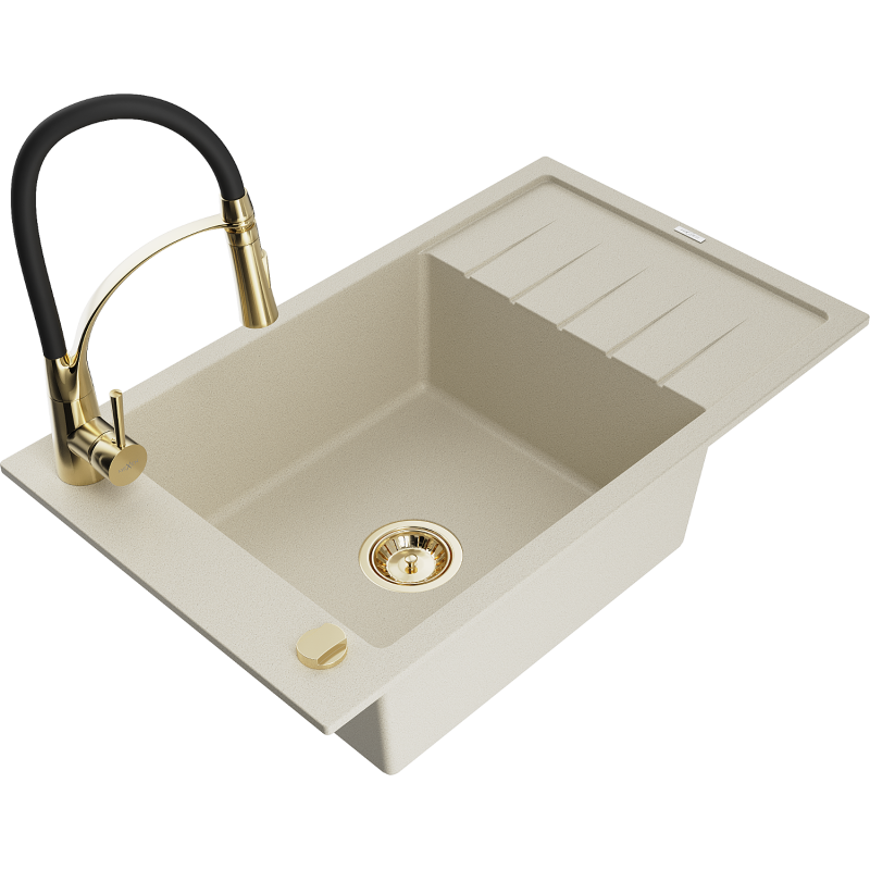 Mexen Elias granitdiskbänk med en ho, avrinningsyta och kökskran Aster, beige - 6511-69-73450-57-G