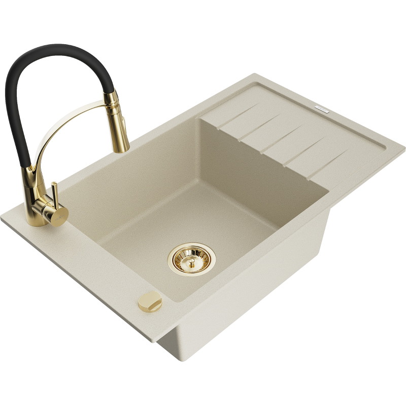 Mexen Elias granitische spoelbak 1-komorige met druiprek en keukenkraan Aster, beige - 6511-69-73450-57-G