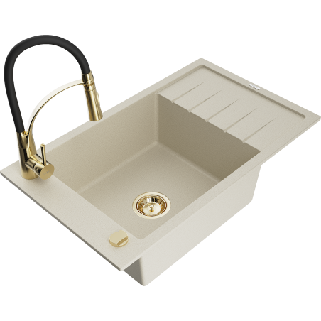 Mexen Elias Granitspüle einbecken mit Abtropffläche und Küchenarmatur Aster, beige - 6511-69-73450-57-G