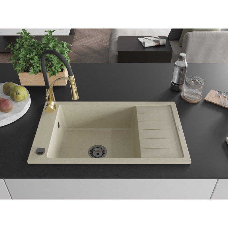 Mexen Elias Granitspüle 1-beckig mit Abtropffläche und Küchenarmatur Aster, beige - 6511-69-73450-57-B