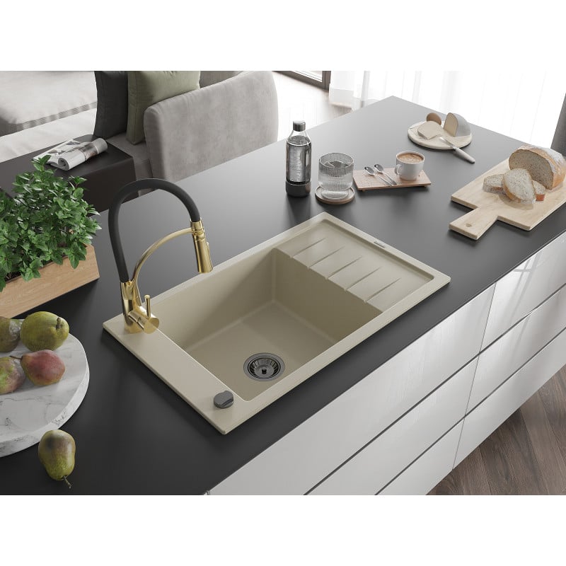 Mexen Elias fregadero de granito de 1 cubeta con escurridor y grifo de cocina Aster, beige - 6511-69-73450-57-B