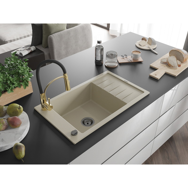 Mexen Elias Granitspüle 1-beckig mit Abtropffläche und Küchenarmatur Aster, beige - 6511-69-73450-57-B
