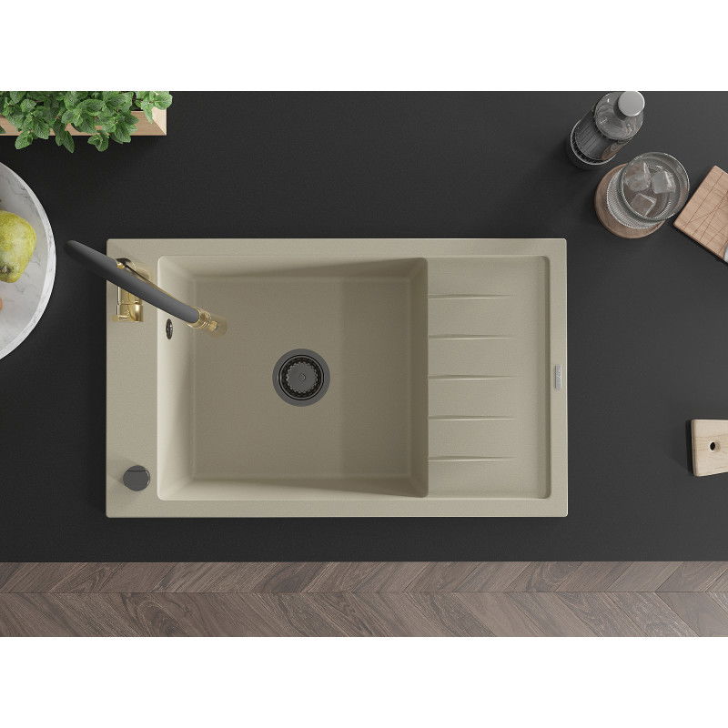 Mexen Elias 1-bowl granite sink with drainer and Aster kitchen tap, beige - 6511-69-73450-57-B