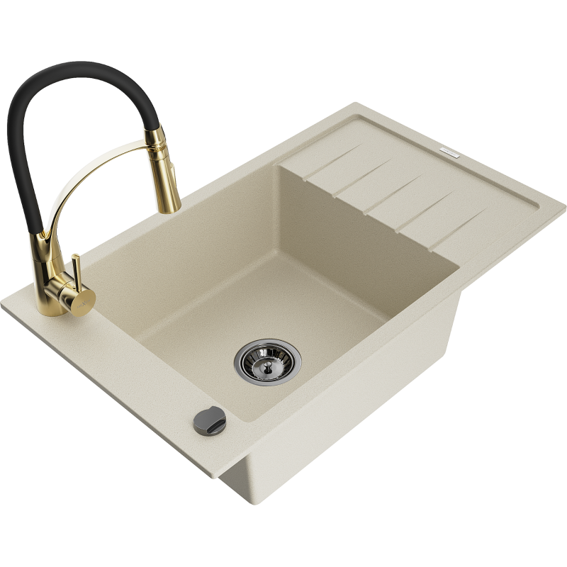Mexen Elias fregadero de granito de 1 cubeta con escurridor y grifo de cocina Aster, beige - 6511-69-73450-57-B