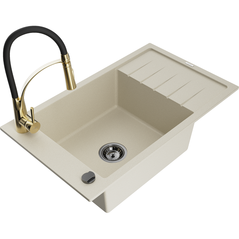 Mexen Elias granieten spoelbak met 1 bak en afdruiprek en keukenmengkraan Aster, beige - 6511-69-73450-57-B