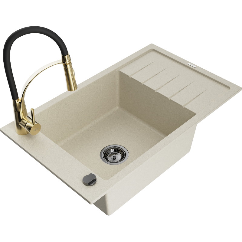 Mexen Elias Granitspüle 1-beckig mit Abtropffläche und Küchenarmatur Aster, beige - 6511-69-73450-57-B