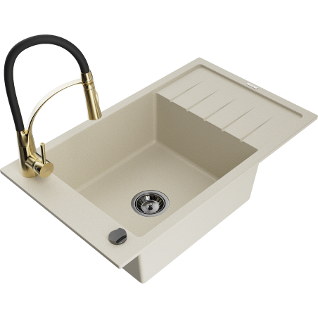 Mexen Elias granieten spoelbak met 1 bak en afdruiprek en keukenmengkraan Aster, beige - 6511-69-73450-57-B