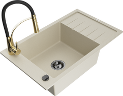 Mexen Elias 1-bowl granite sink with drainer and Aster kitchen tap, beige - 6511-69-73450-57-B