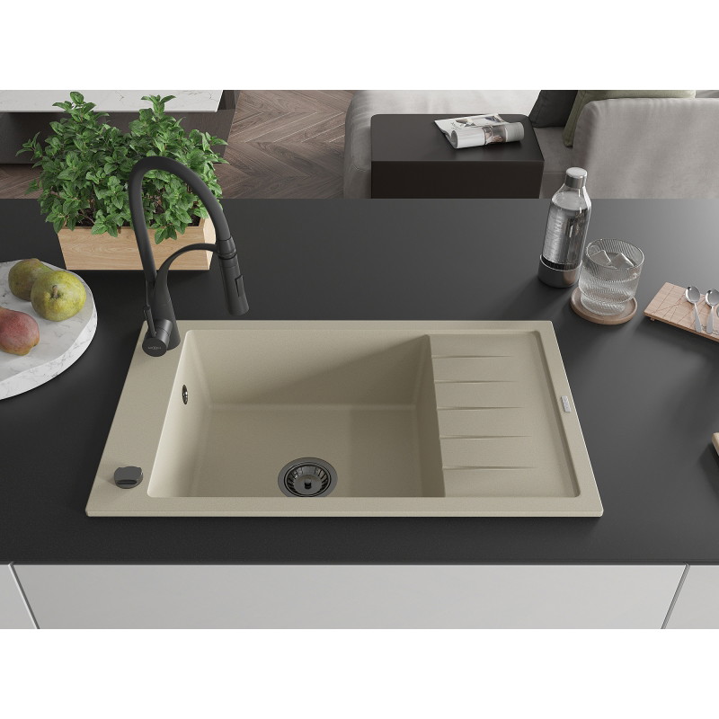 Mexen Elias fregadero de cocina de granito de 1 compartimento con escurridor y grifo Aster, beige - 6511-69-73450-70-B
