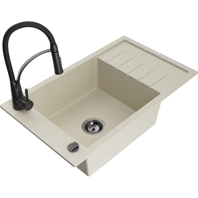 Mexen Elias fregadero de cocina de granito de 1 compartimento con escurridor y grifo Aster, beige - 6511-69-73450-70-B