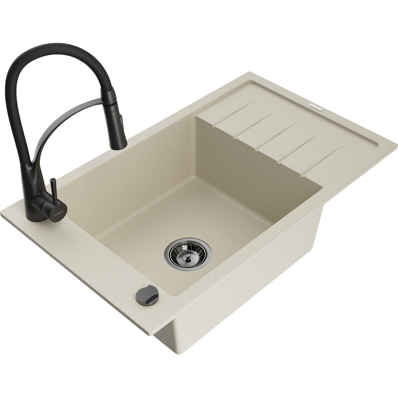 Mexen Elias fregadero de granito de 1 cubeta con escurridor y grifo de cocina Aster, beige - 6511-69-73450-70-B