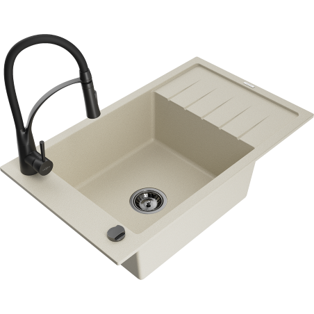 Mexen Elias single bowl granite sink with drainer and Aster kitchen tap, beige - 6511-69-73450-70-B