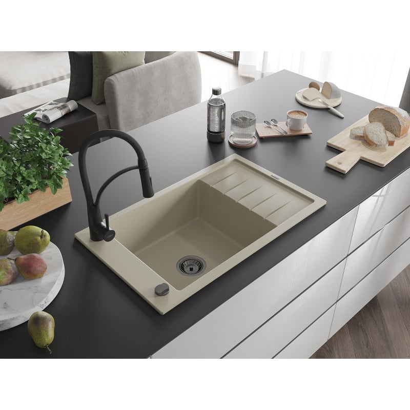 Mexen Elias fregadero de granito de 1 cubeta con escurridor y grifo de cocina Aster, beige - 6511-69-73450-70-B