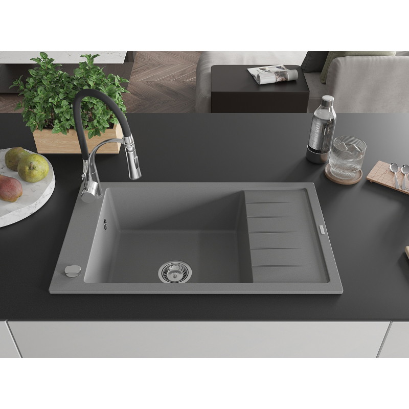 Mexen Elias fregadero de granito de 1 compartimento con escurridor y grifo de cocina Aster, gris - 6511-71-73450-07