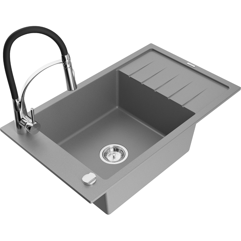 Mexen Elias fregadero de granito 1 cubeta con escurridor y grifo de cocina Aster, gris - 6511-71-73450-07