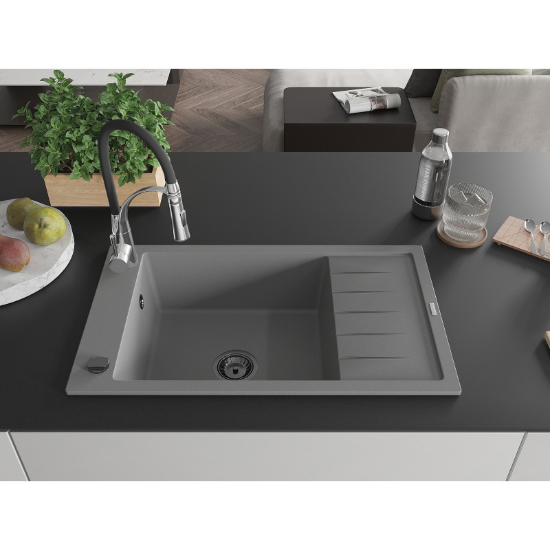 Mexen Elias fregadero de granito de 1 seno con escurridor y grifo de cocina Aster, gris - 6511-71-73450-07-B