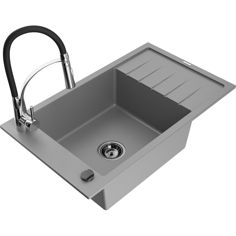 Mexen Elias fregadero de granito de 1 tazón con escurridor y grifo de cocina Aster, gris - 6511-71-73450-07-B