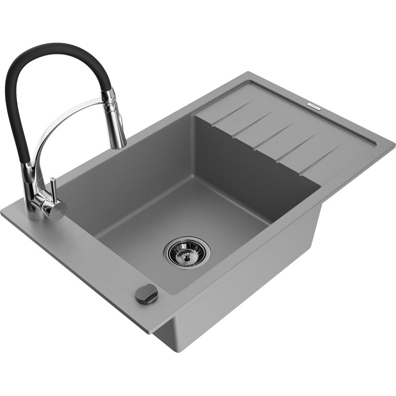Mexen Elias granitische spoelbak 1-kompartment met afdruiprek en keukenkraan Aster, grijs - 6511-71-73450-07-B