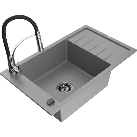 Mexen Elias Granitspüle 1-Becken mit Abtropffläche und Küchenarmatur Aster, grau - 6511-71-73450-07-B