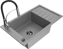 Mexen Elias granite sink 1-bowl with drainer and Aster kitchen tap, grey - 6511-71-73450-07-B