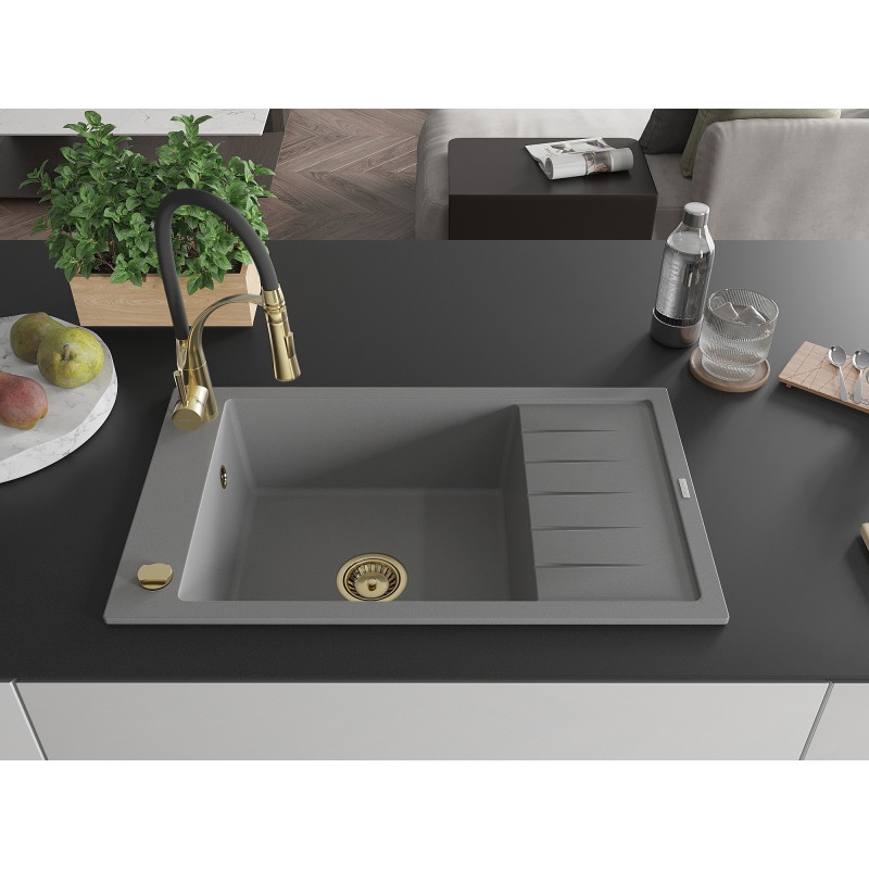 Mexen Elias fregadero de granito de 1 cuenco con escurridor y grifo de cocina Aster, gris - 6511-71-73450-57-G