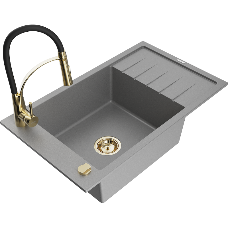 Mexen Elias fregadero de granito de 1 seno con escurridor y grifo de cocina Aster, gris - 6511-71-73450-57-G