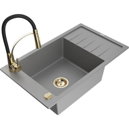 Mexen Elias 1-bowl granite sink with drainer and Aster kitchen tap, grey - 6511-71-73450-57-G
