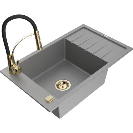 Mexen Elias fregadero de granito de 1 seno con escurridor y grifo de cocina Aster, gris - 6511-71-73450-57-G