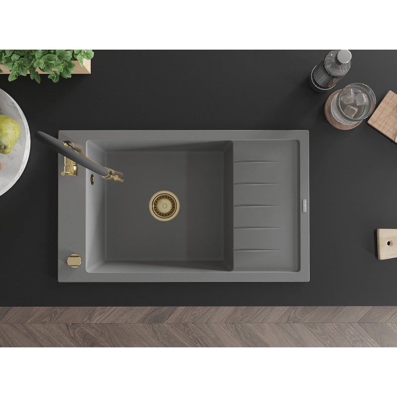 Mexen Elias fregadero de granito de 1 seno con escurridor y grifo de cocina Aster, gris - 6511-71-73450-57-G