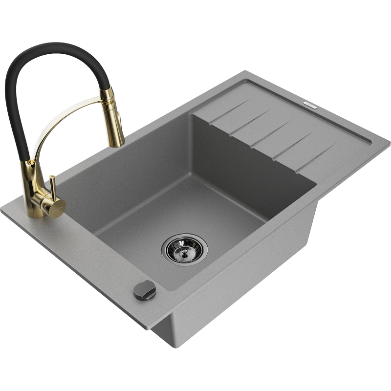 Mexen Elias 1-allasinen graniittinen pesuallas valutusalueella ja keittiöhanalla Aster, harmaa - 6511-71-73450-57-B