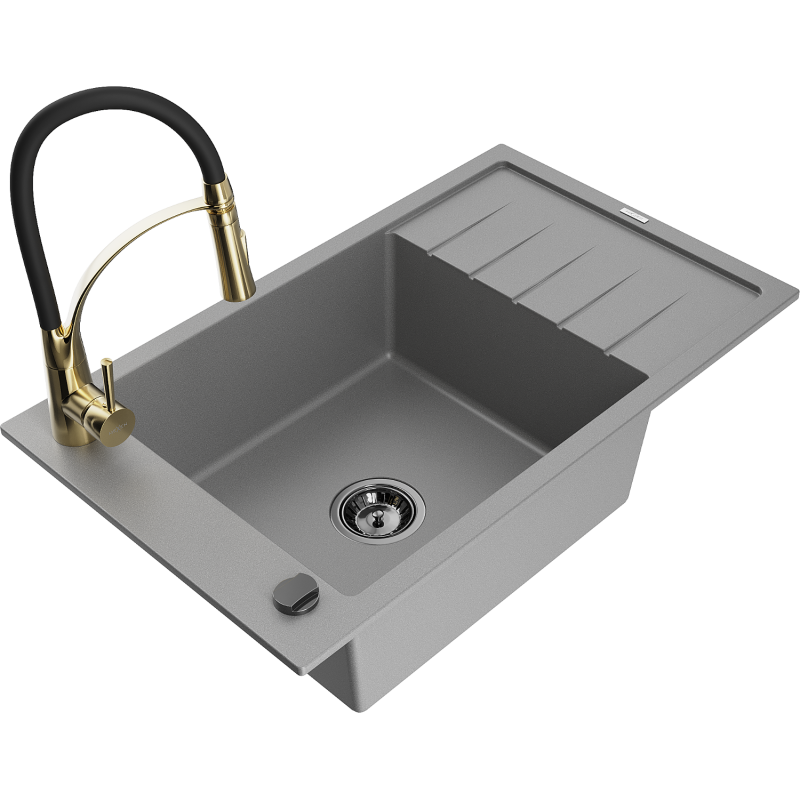 Mexen Elias fregadero de granito de 1 cubeta con escurridor y grifo de cocina Aster, gris - 6511-71-73450-57-B