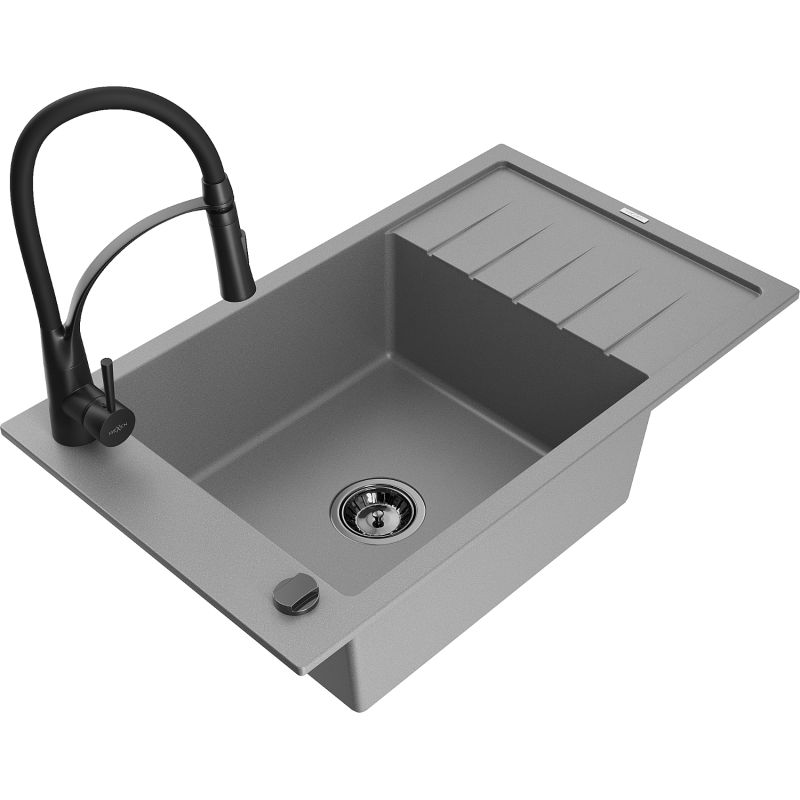 Mexen Elias fregadero de granito de 1 cubeta con escurridor y grifo de cocina Aster, gris - 6511-71-73450-70-B